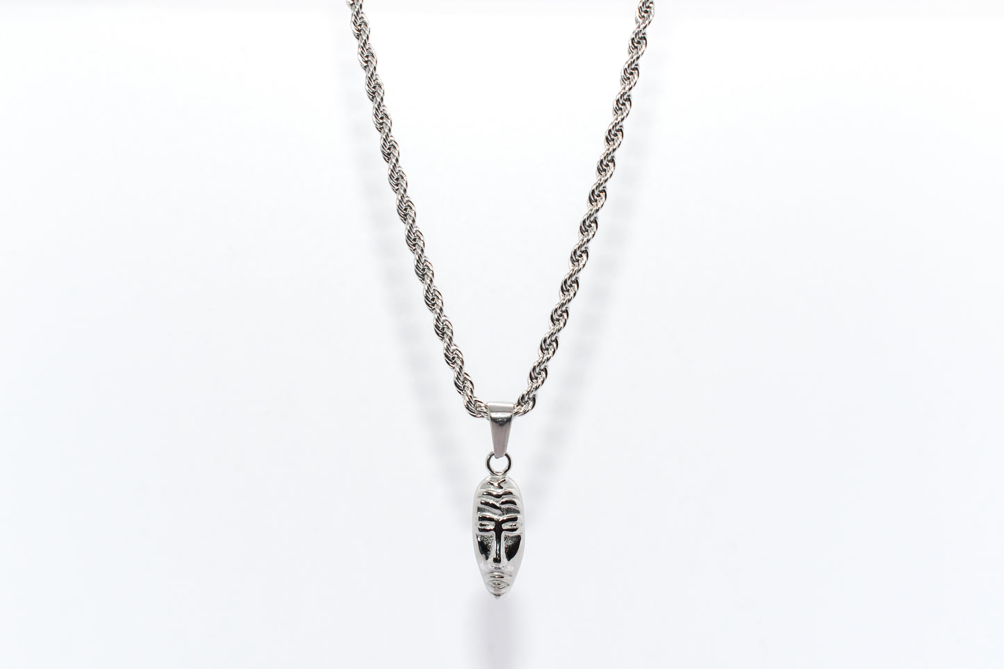 SILVER MASQUERADE PENDANT WITH ROPE CHAIN