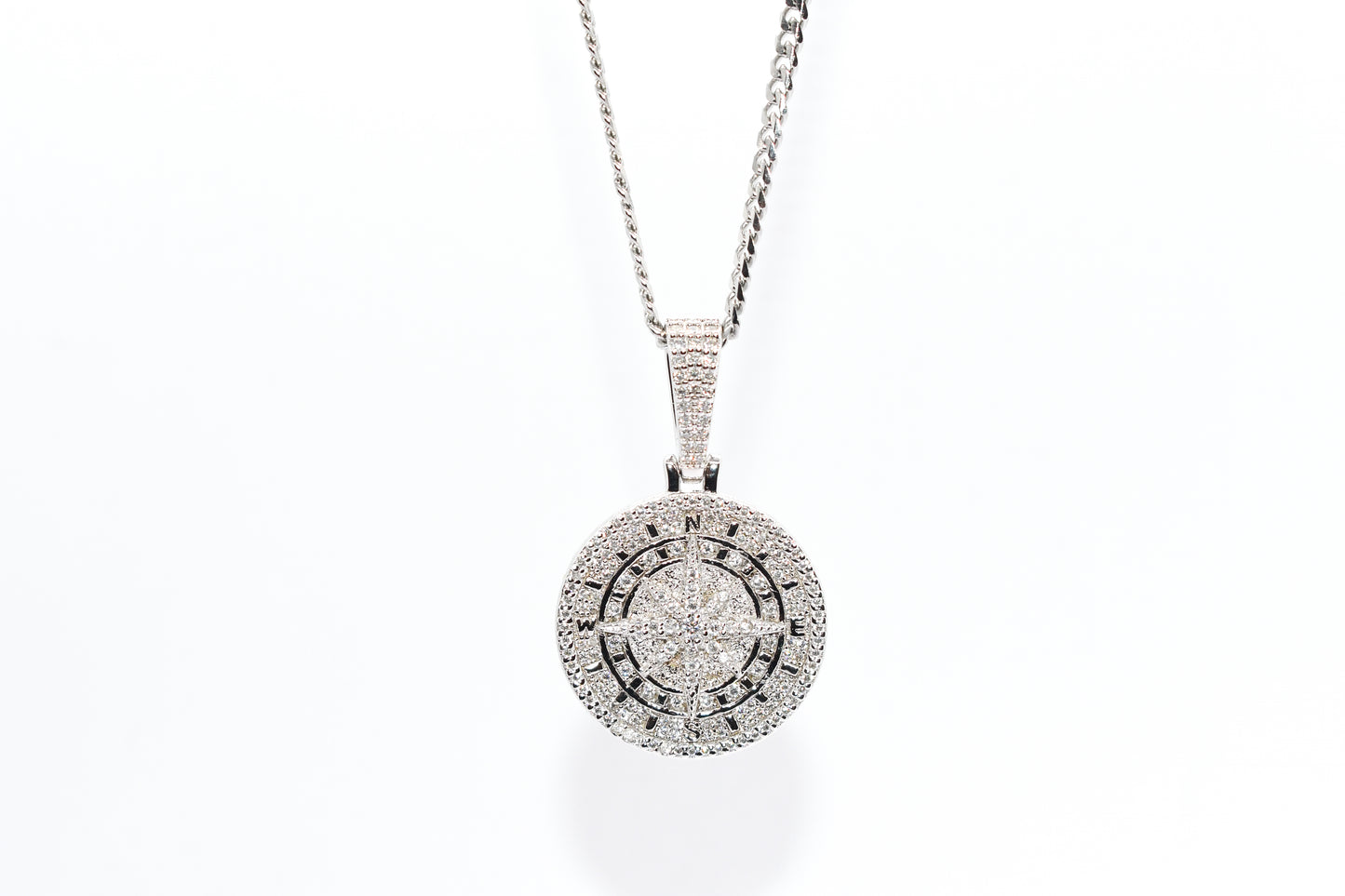 ICED SILVER COMPASS PENDANT WITH CHAIN