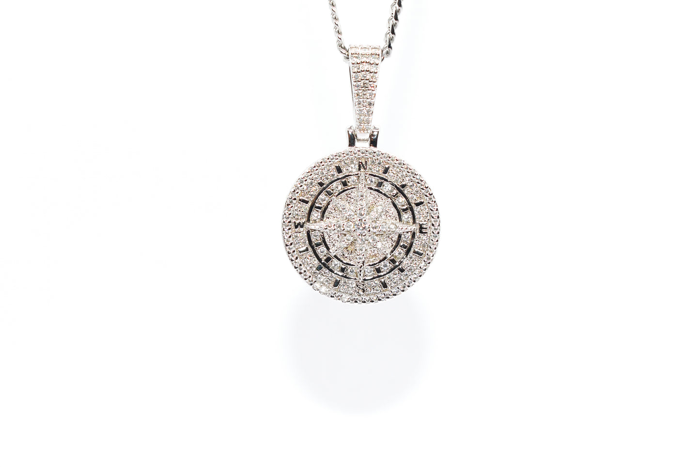 ICED SILVER COMPASS PENDANT WITH CHAIN