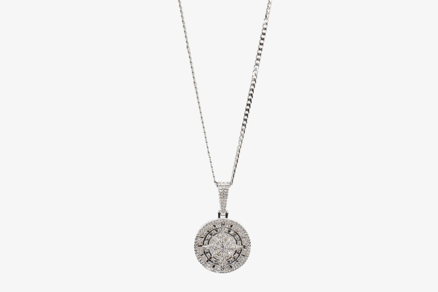 ICED SILVER COMPASS PENDANT WITH CHAIN