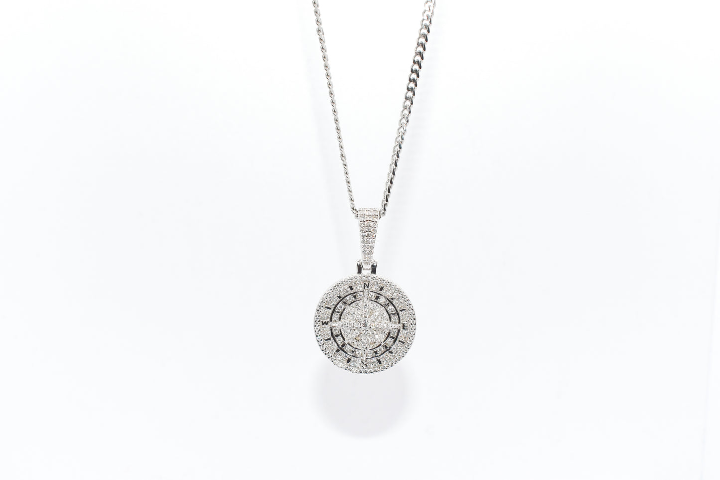 ICED SILVER COMPASS PENDANT WITH CHAIN