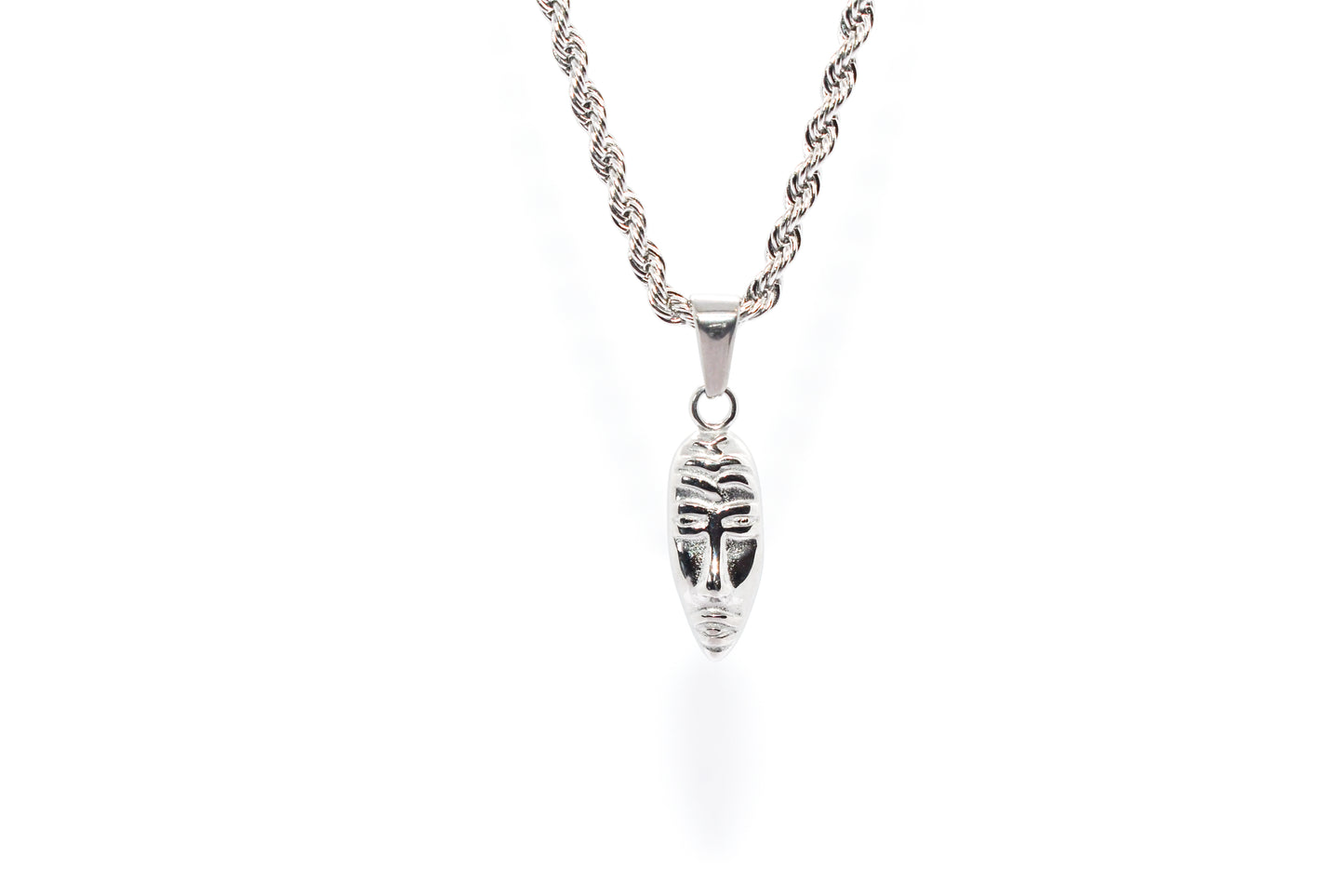 SILVER MASQUERADE PENDANT WITH ROPE CHAIN
