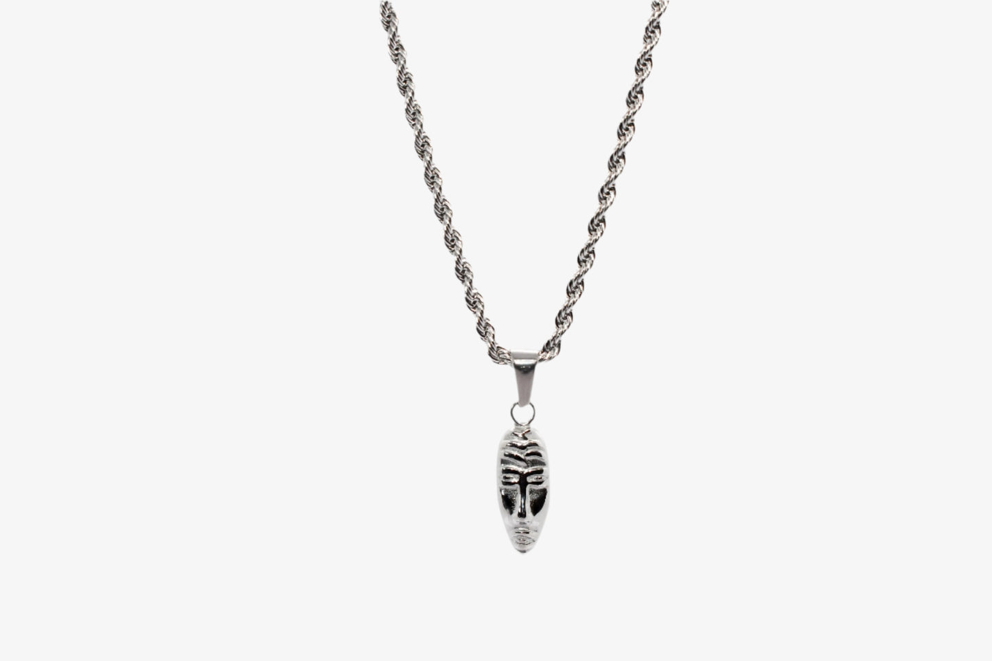 SILVER MASQUERADE PENDANT WITH ROPE CHAIN