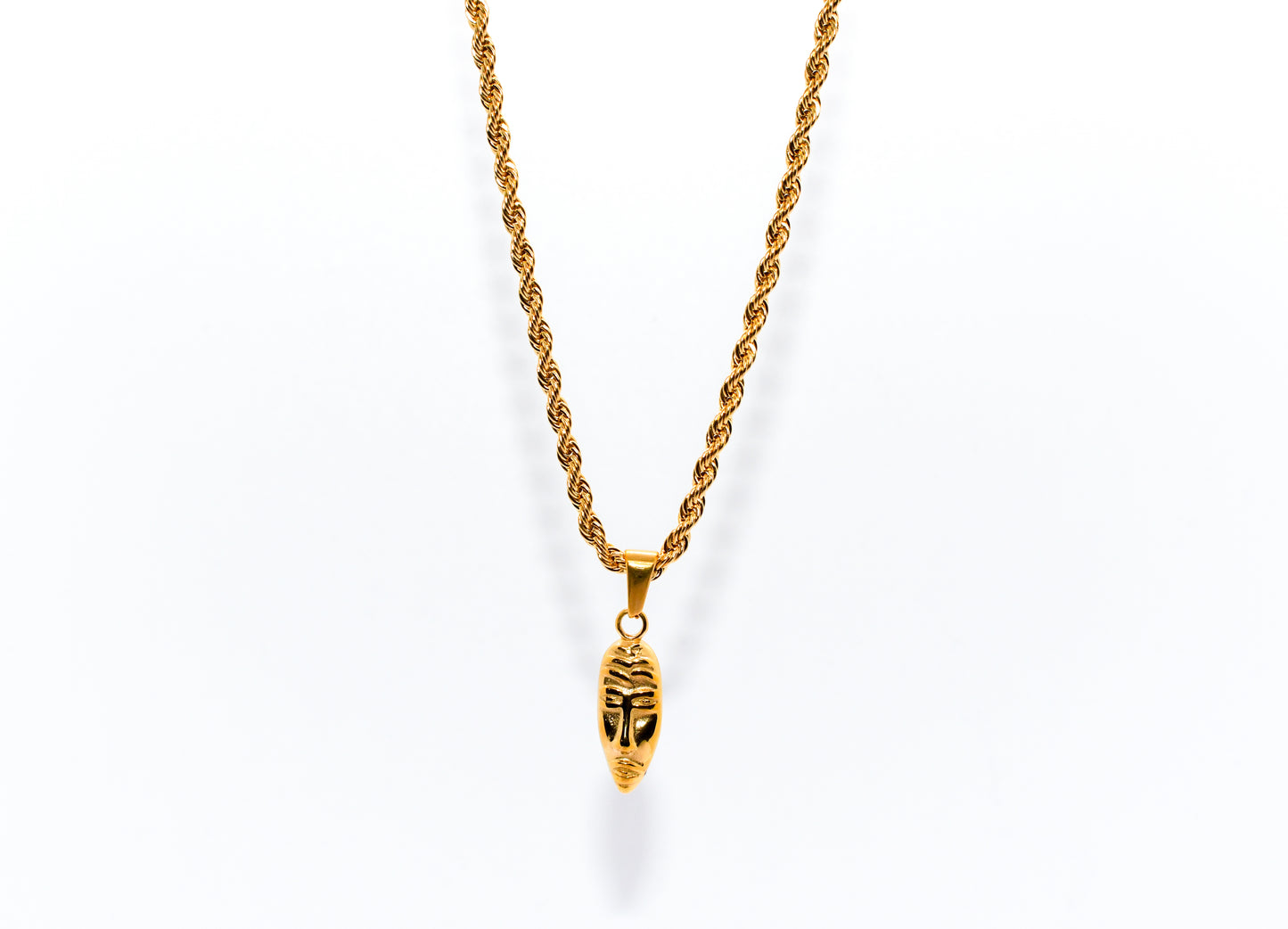 GOLD MASQUERADE PENDANT WITH ROPE CHAIN