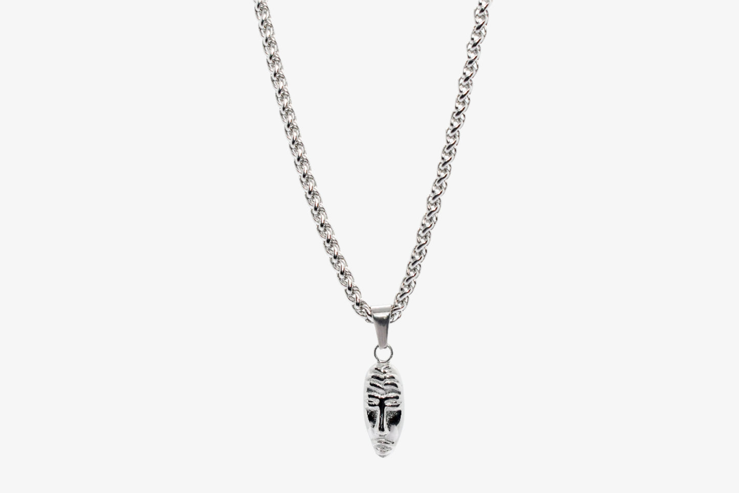 SILVER MASQUERADE PENDANT WITH WHEAT CHAIN